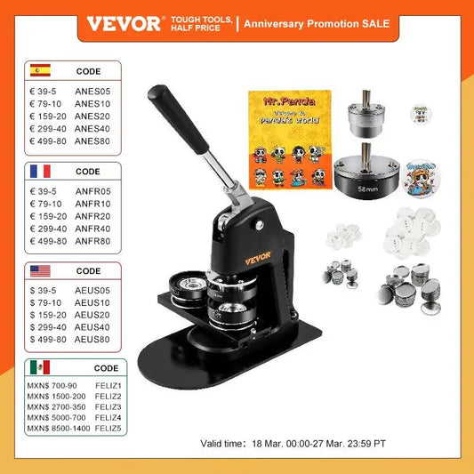 VEVOR 25+58MM/32+58MM Badge/Button Maker w/500 Parts