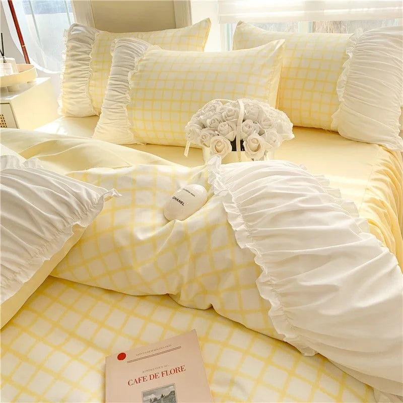 Korean Luxury Style Princess Bedding Set with Ruffles & Lace