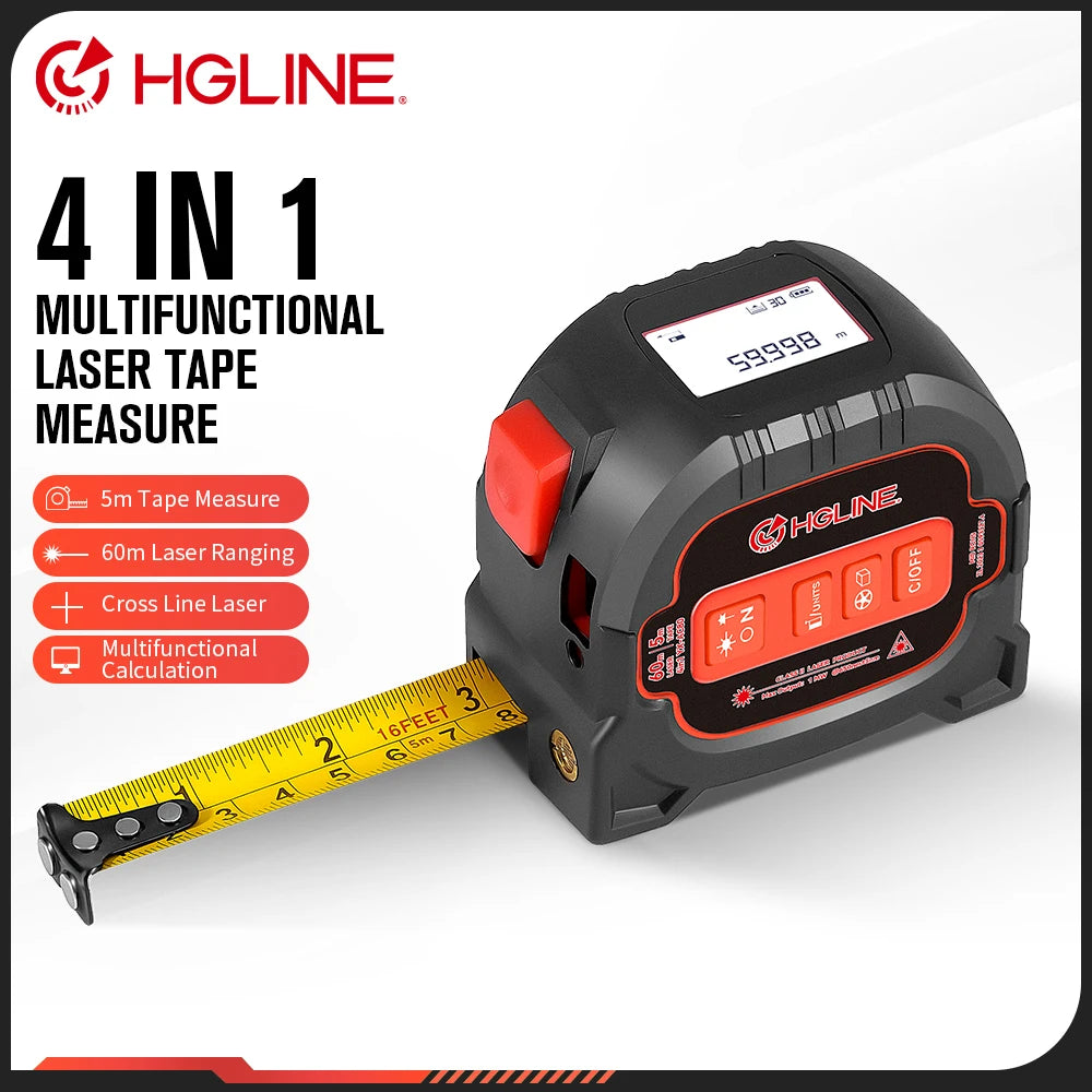 HGLINE 4 In1 60M Laser, 5M Tape Measure with LCD Display, Electronic Ruler Laser Rangefinder