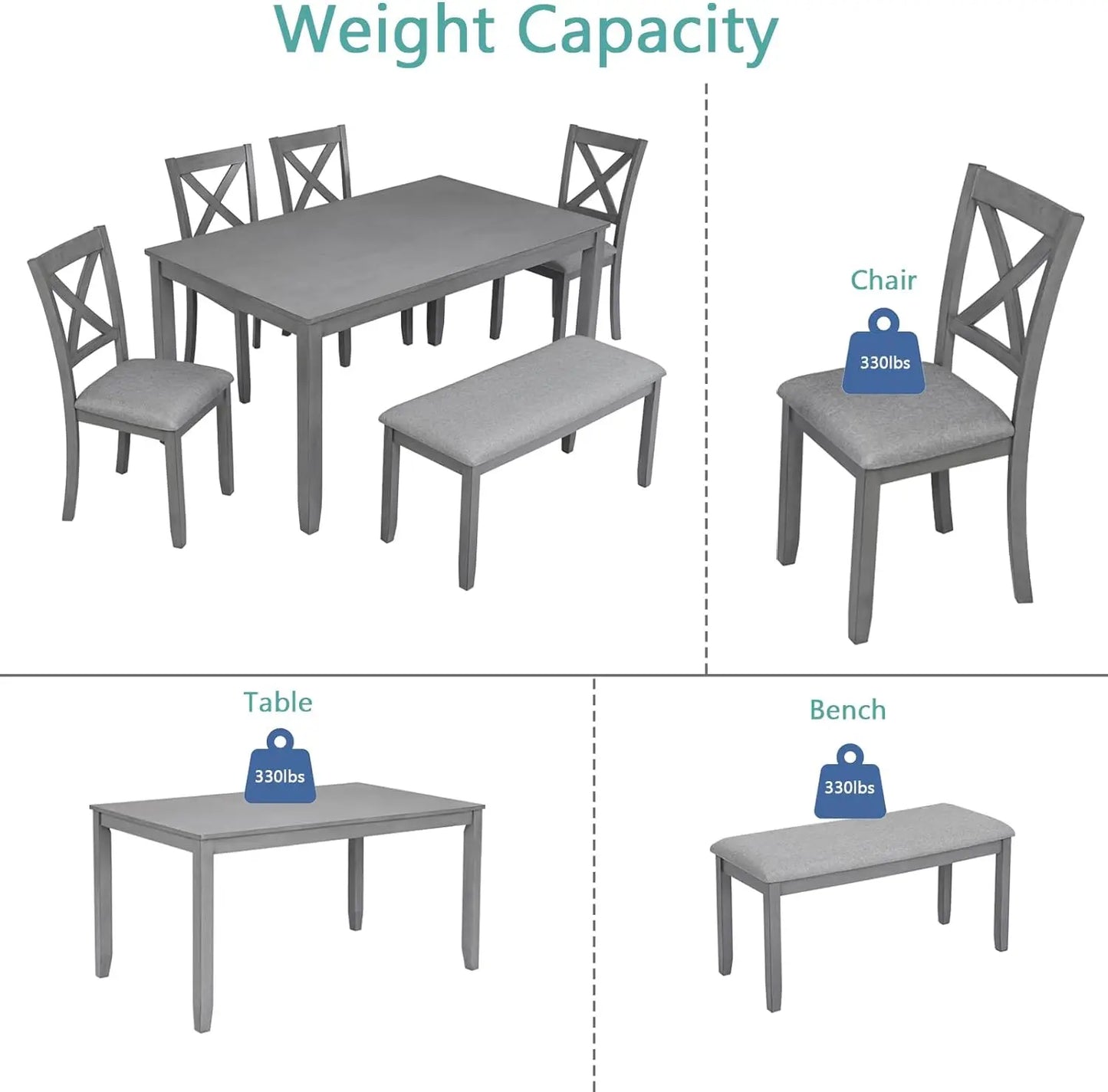 6 Pc. Farmhouse Kitchen Table Set w/4 Upholstered Chairs and 1 Bench, Solid Wood