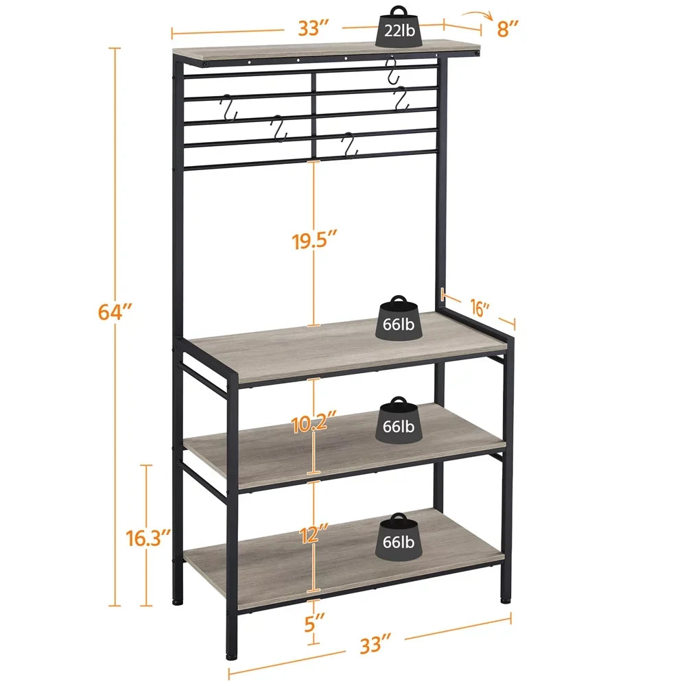 4-Tier Kitchen Baker's Rack with Hooks, Gray