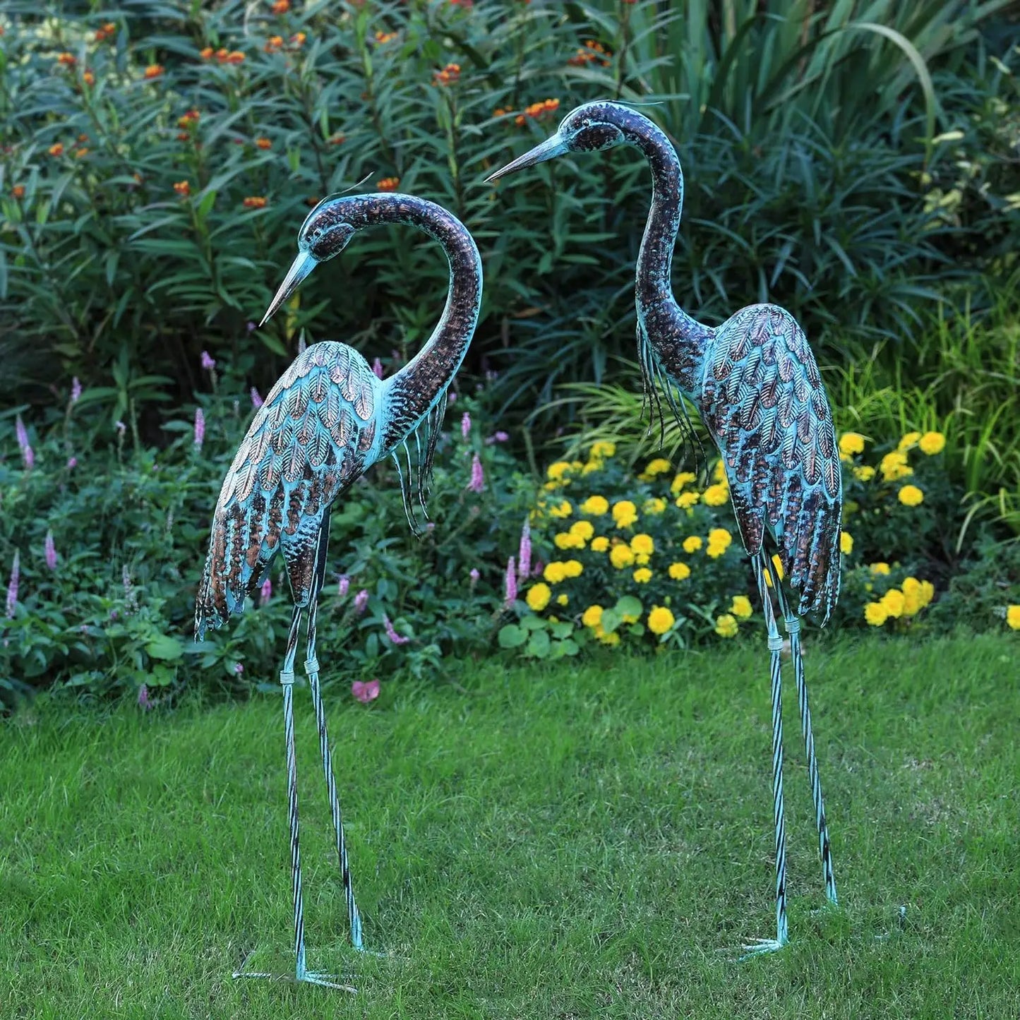 Set of 2 Garden Crane Statues, Standing, Metal Patina, 42-46"