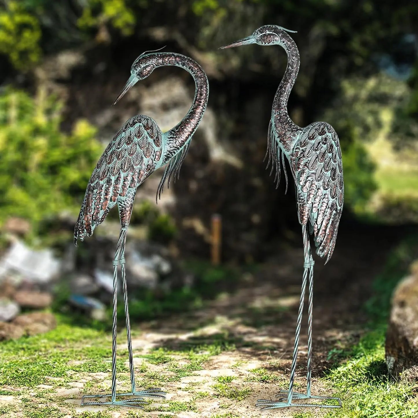 Set of 2 Garden Crane Statues, Standing, Metal Patina, 42-46"