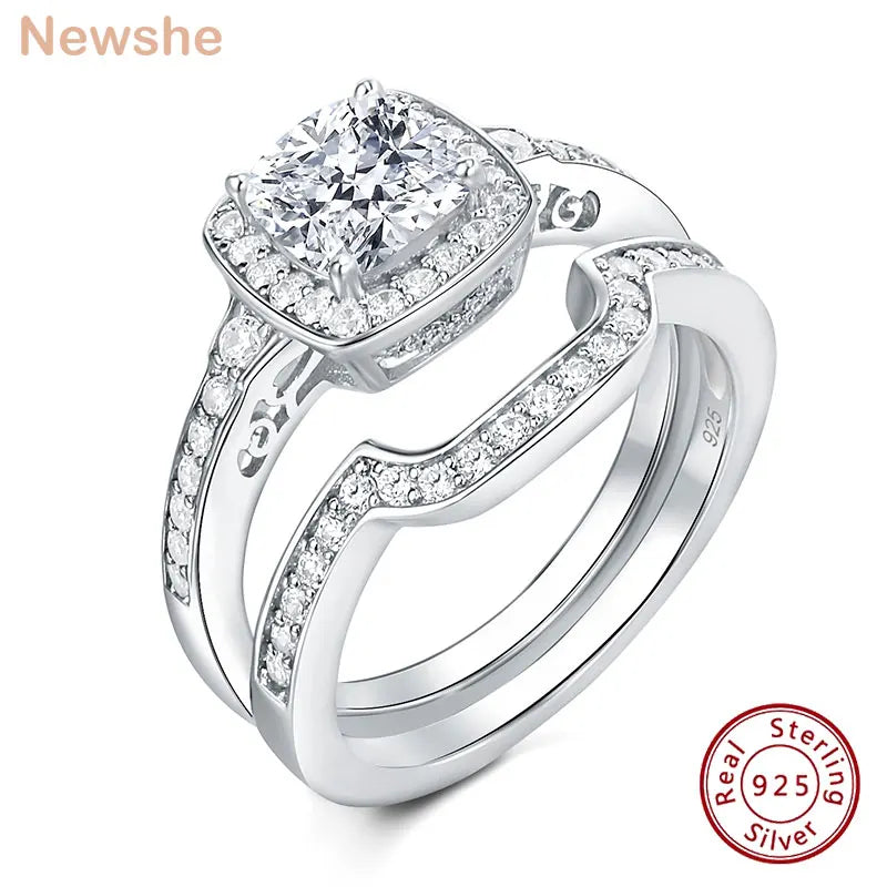 Newshe, Original 925 Sterling Silver Wedding Rings Set, Cubic Zircon 2 Pieces