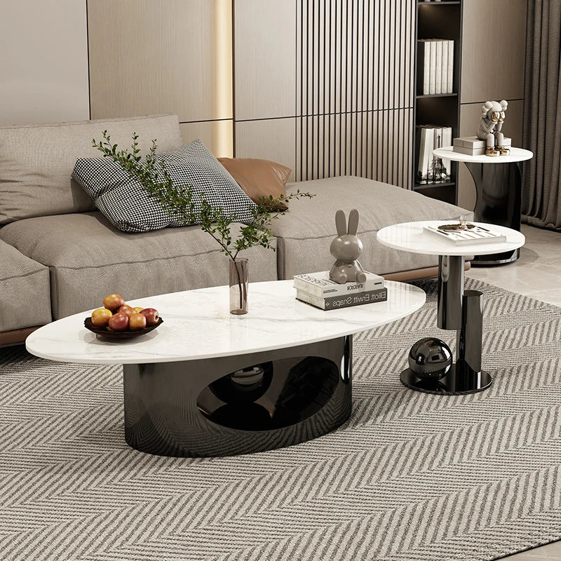 Modern Marble Effect Coffee Tables, Metal Nordic Oval Side Table