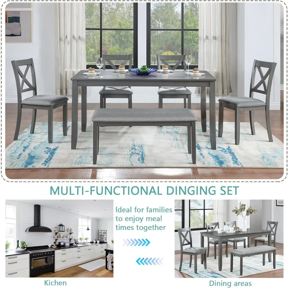 6 Pc. Farmhouse Kitchen Table Set w/4 Upholstered Chairs and 1 Bench, Solid Wood