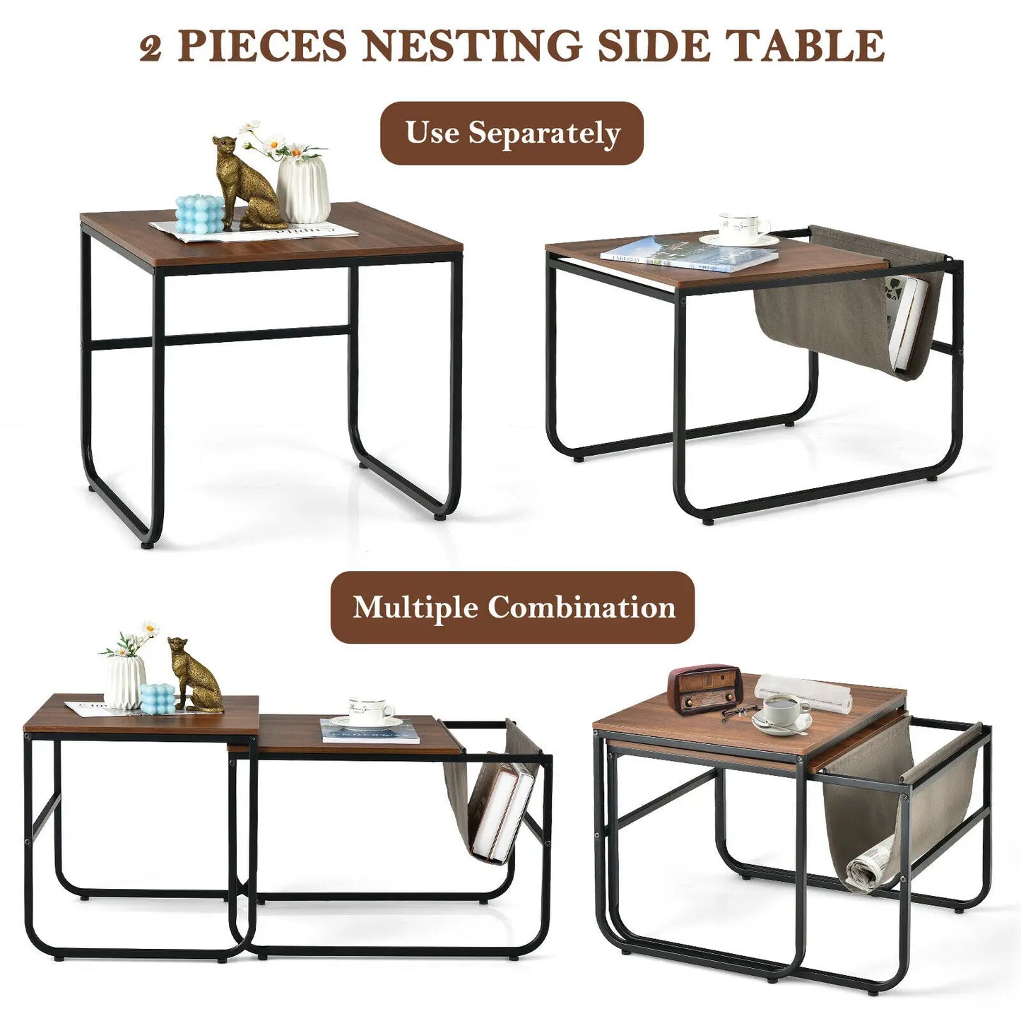 Nesting Coffee Table Set of 2 Stackable Side Table w/ Magazine Holder