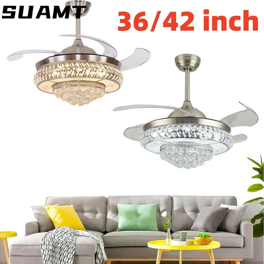 36/42" Retractable Crystal Ceiling Fan Light and Remote Control