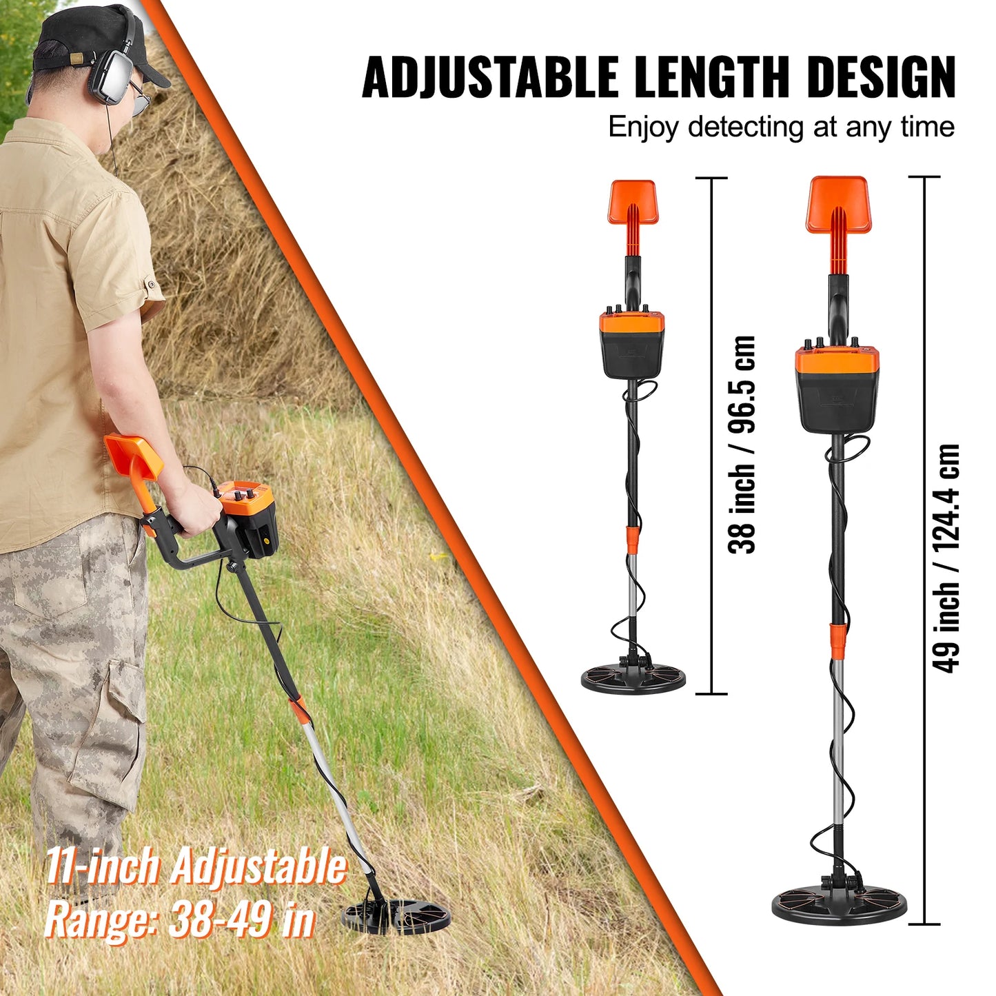 VEVOR 8" Coil Waterproof Metal Detector, Adjustable 38''-49'' Aluminum