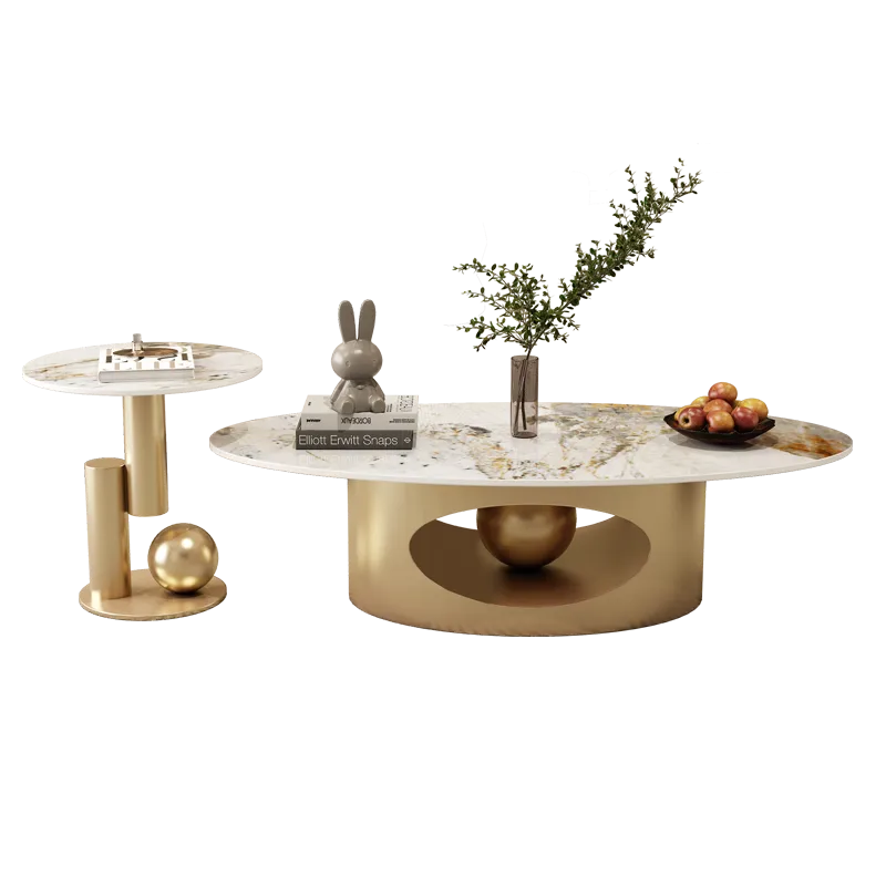 Modern Marble Effect Coffee Tables, Metal Nordic Oval Side Table