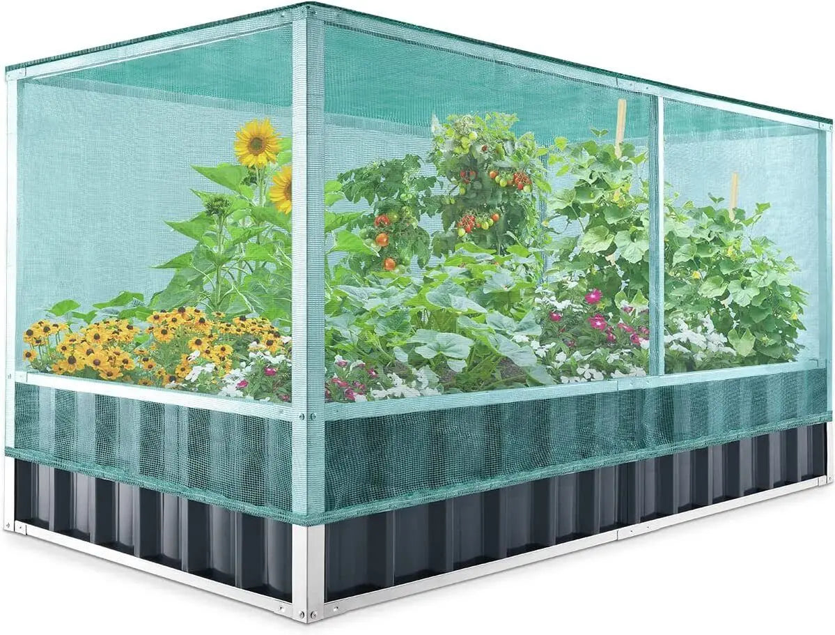 Raised Garden Bed w/Bird Protection Netting, Galvanized Steel Metal Planter Kit