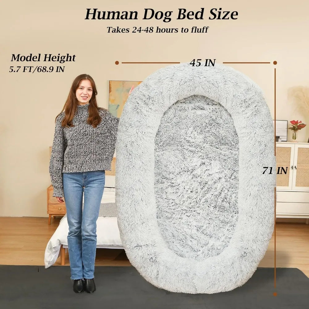 Big Dog Bed for Humans With Blanket - Grey Faux Fur Plush