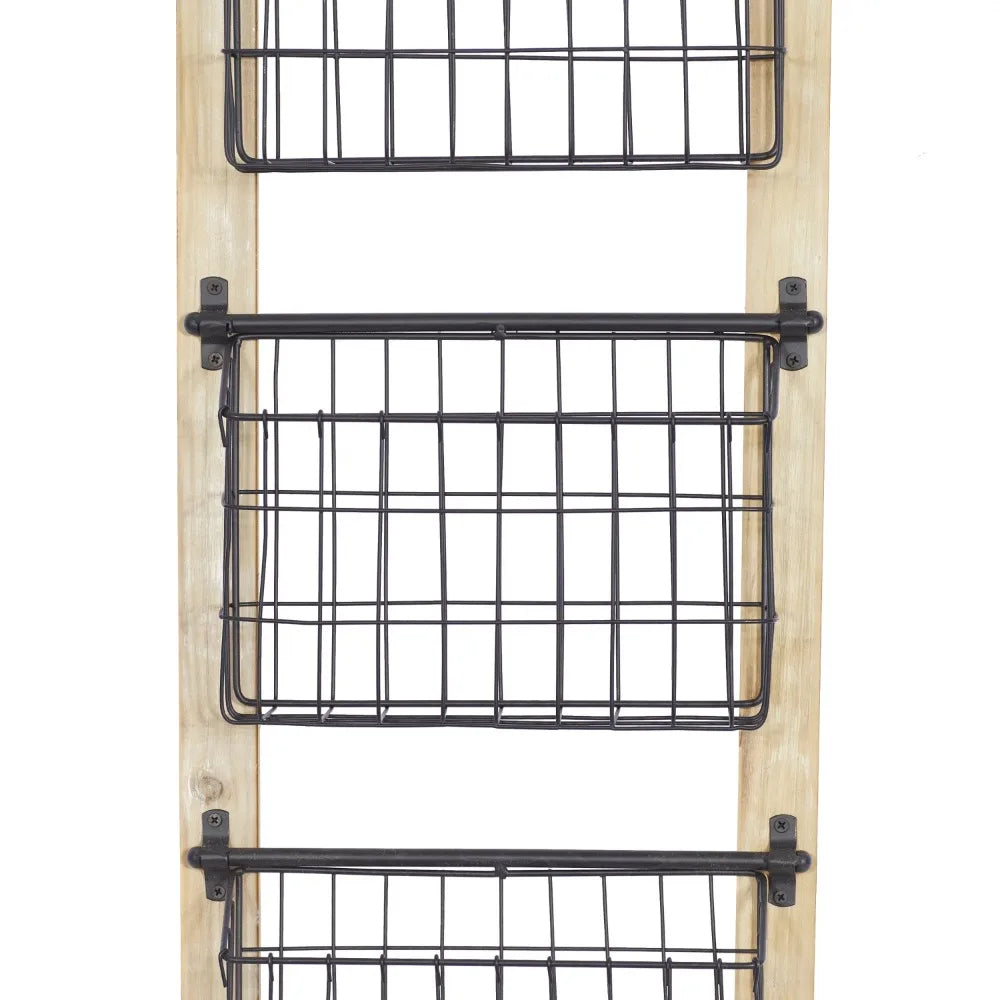 3-Tier Magazine Rack Hanging Storage Organizer Wood Frame with Metal Basket