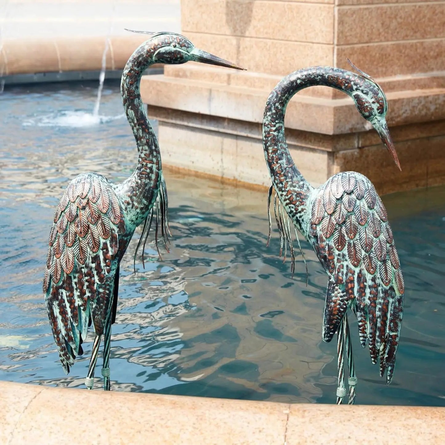 Set of 2 Garden Crane Statues, Standing, Metal Patina, 42-46"