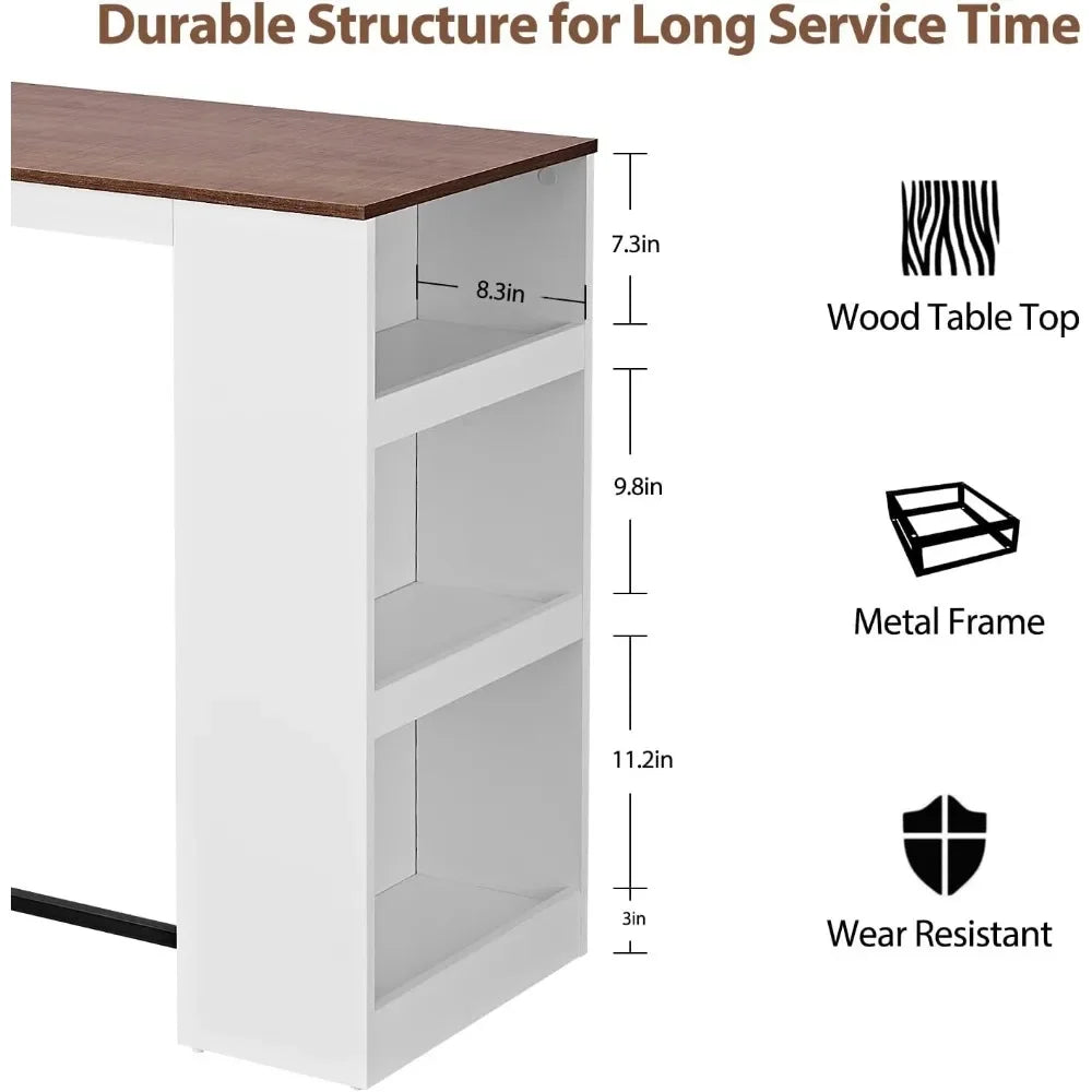 3 Piece Dining Table Set w/Two Stools & Storage Shelves Wood Counter Height