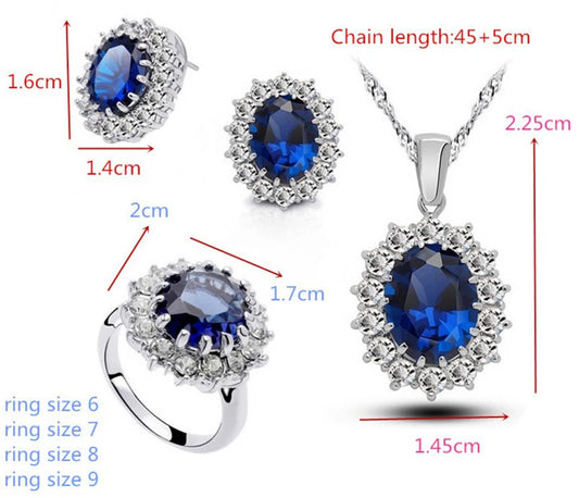 2.0CT Lab Sapphire Tibetan Jewelry Sets Blue Zircon Ring Earrings & Necklace