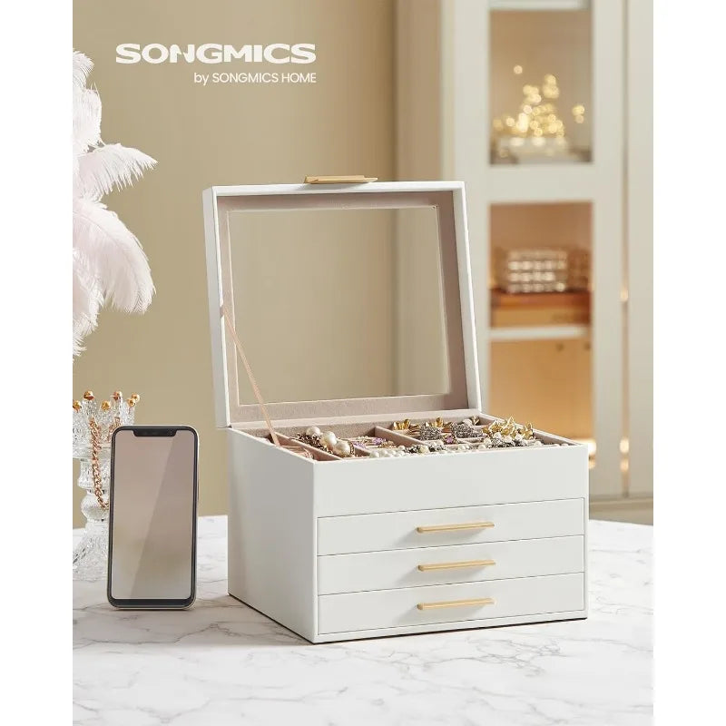 Jewelry Box with Glass Lid, 4-Layer, 3 Drawers,