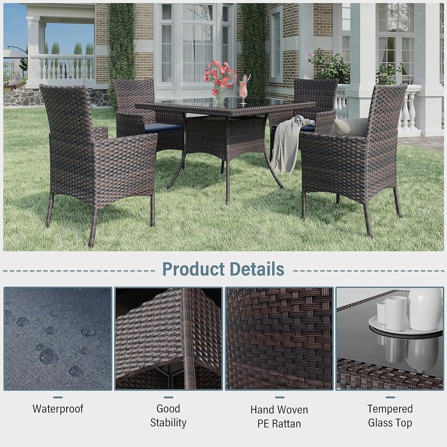 Indoor/Outdoor Dining Table Set Rattan w/Tempered Glass Tabletop, Removable Cushions & Umbrella Cutout