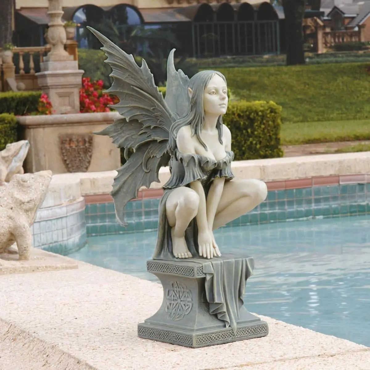 Celtic Fairy's Perilous Perch Outdoor Garden Statue, Large 19", 2-Tone Stone