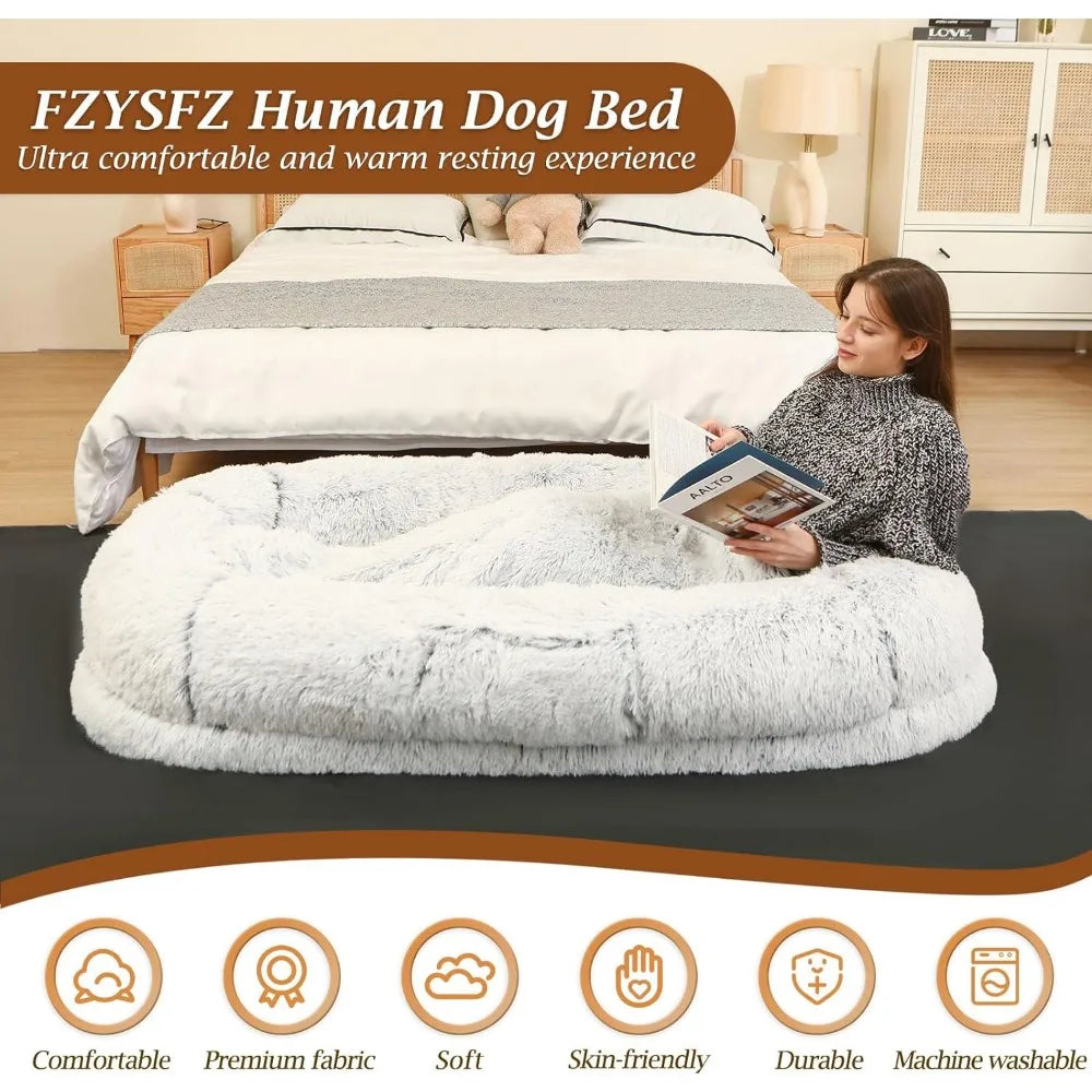 Big Dog Bed for Humans With Blanket - Grey Faux Fur Plush