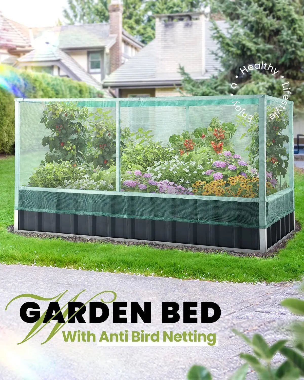 Raised Garden Bed w/Bird Protection Netting, Galvanized Steel Metal Planter Kit