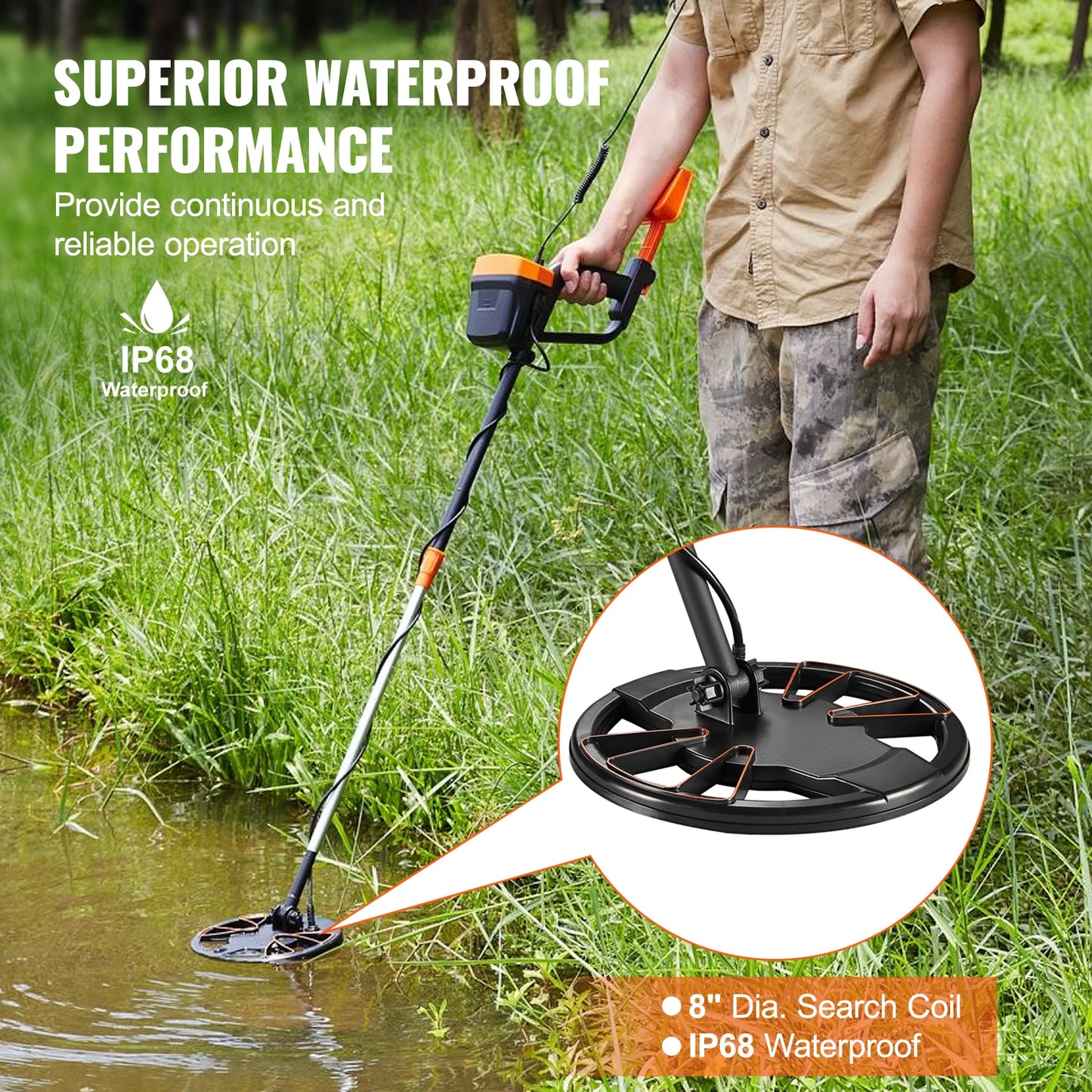 VEVOR 8" Coil Waterproof Metal Detector, Adjustable 38''-49'' Aluminum