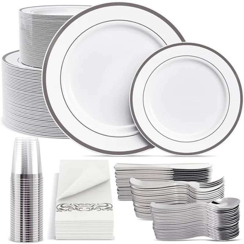 200 White and Silver Plastic Plates Set 100 people