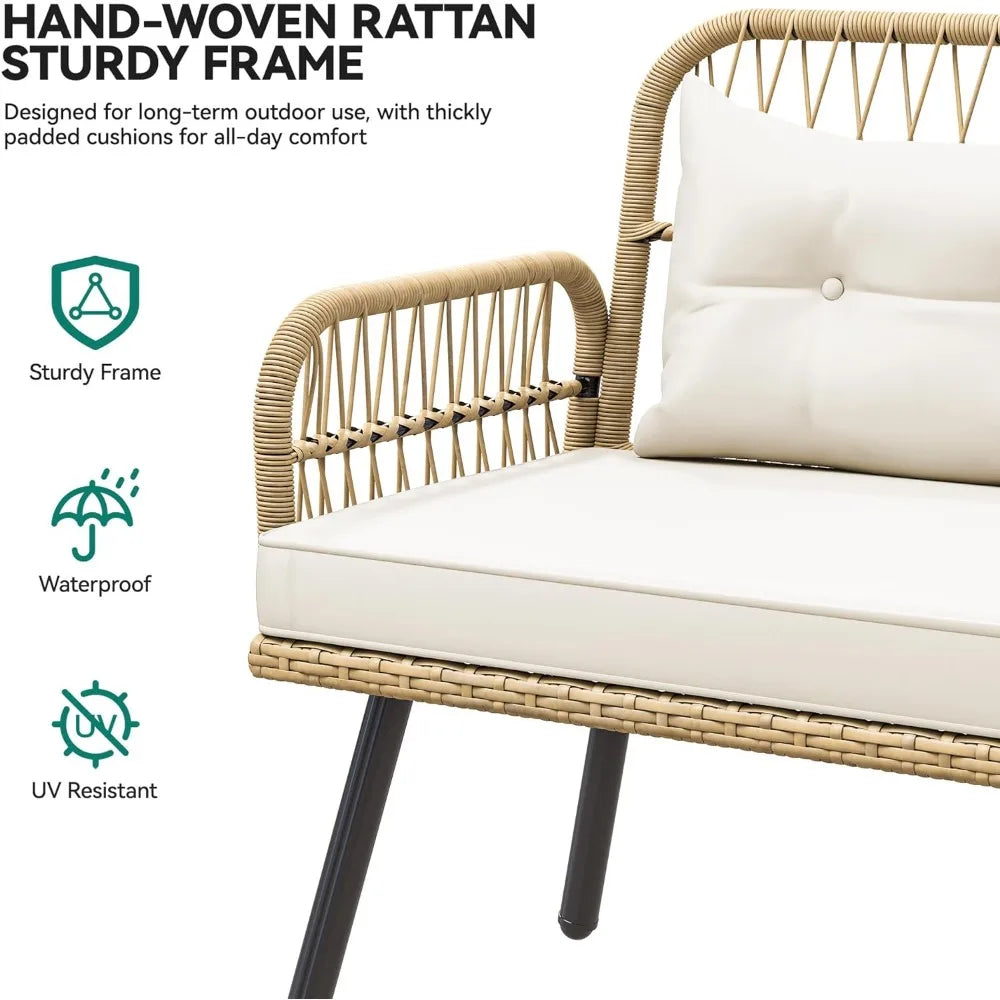 All-Weather Rattan Outdoor Sofa Set w/Cushions, Ottomans & Plastic Wood Table