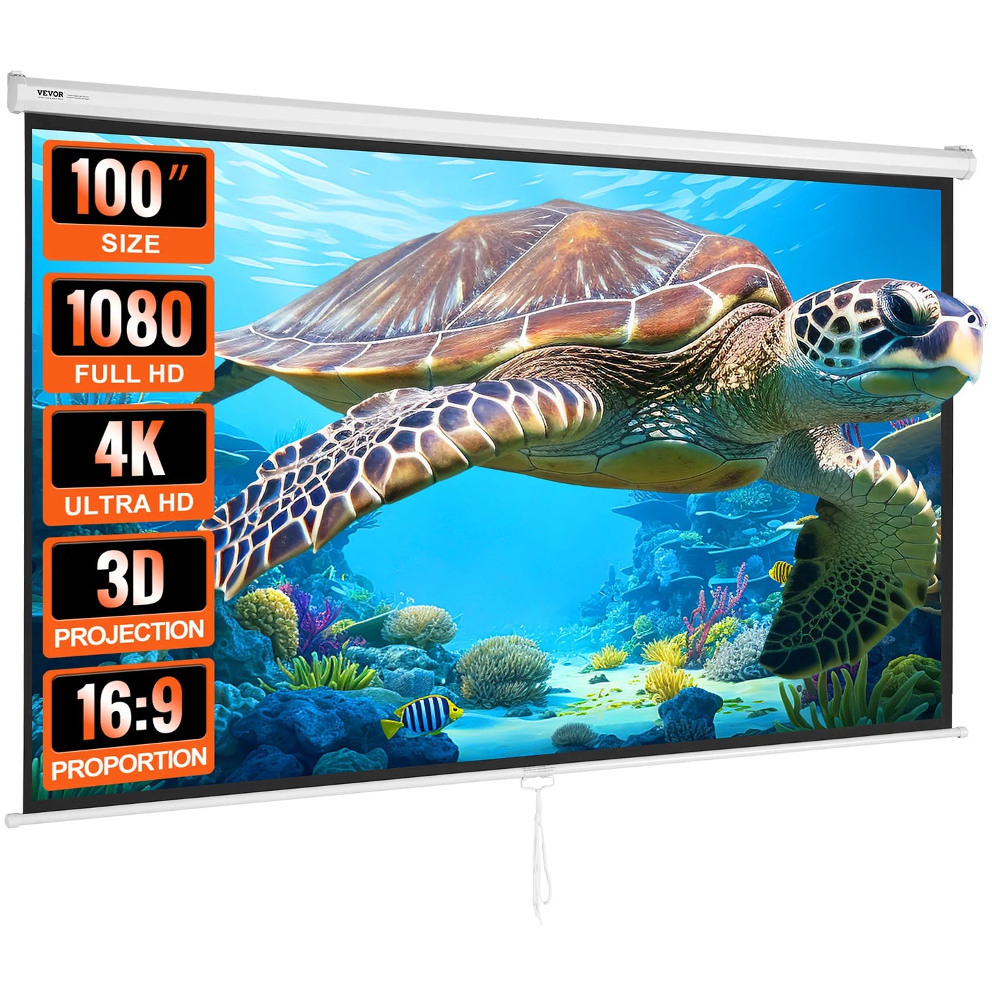 VEVOR Manual Pull Down Projector Screen 100" 16:9 4K 1080 HD