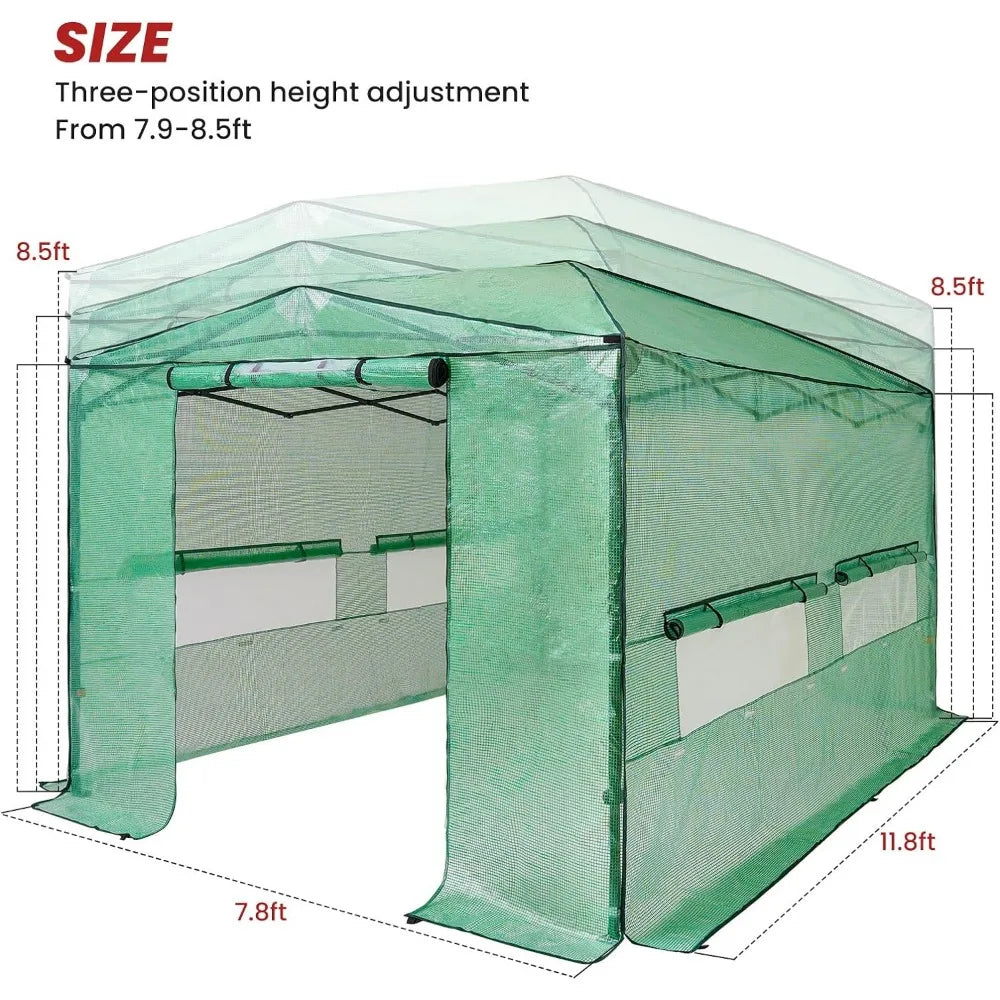 8'x12' Portable Greenhouse, Pop-up, 2 Roll-Up Zipper Doors & 4 Side Windows