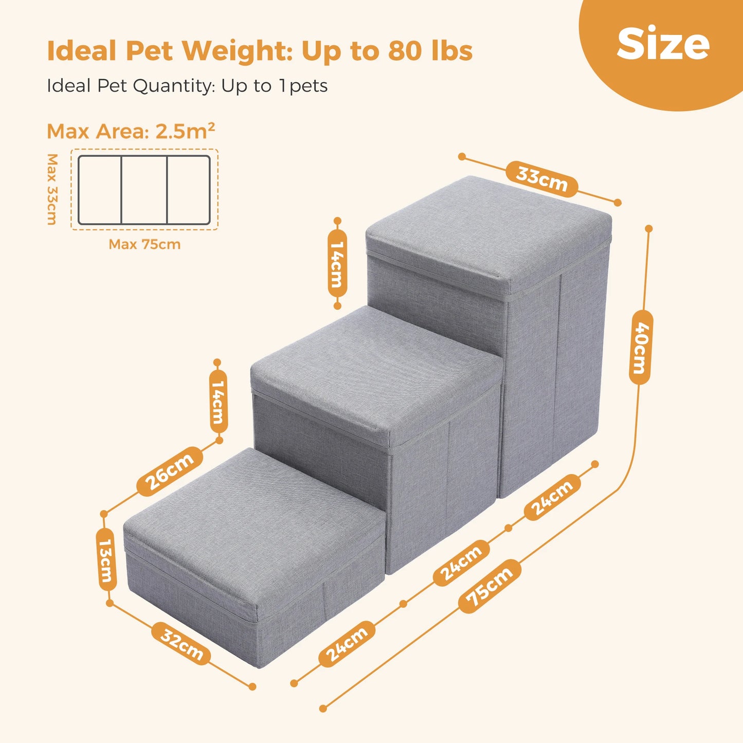 3-Tier Small Foldable Pet Stair with Storage Box and Condo Adjustable Height