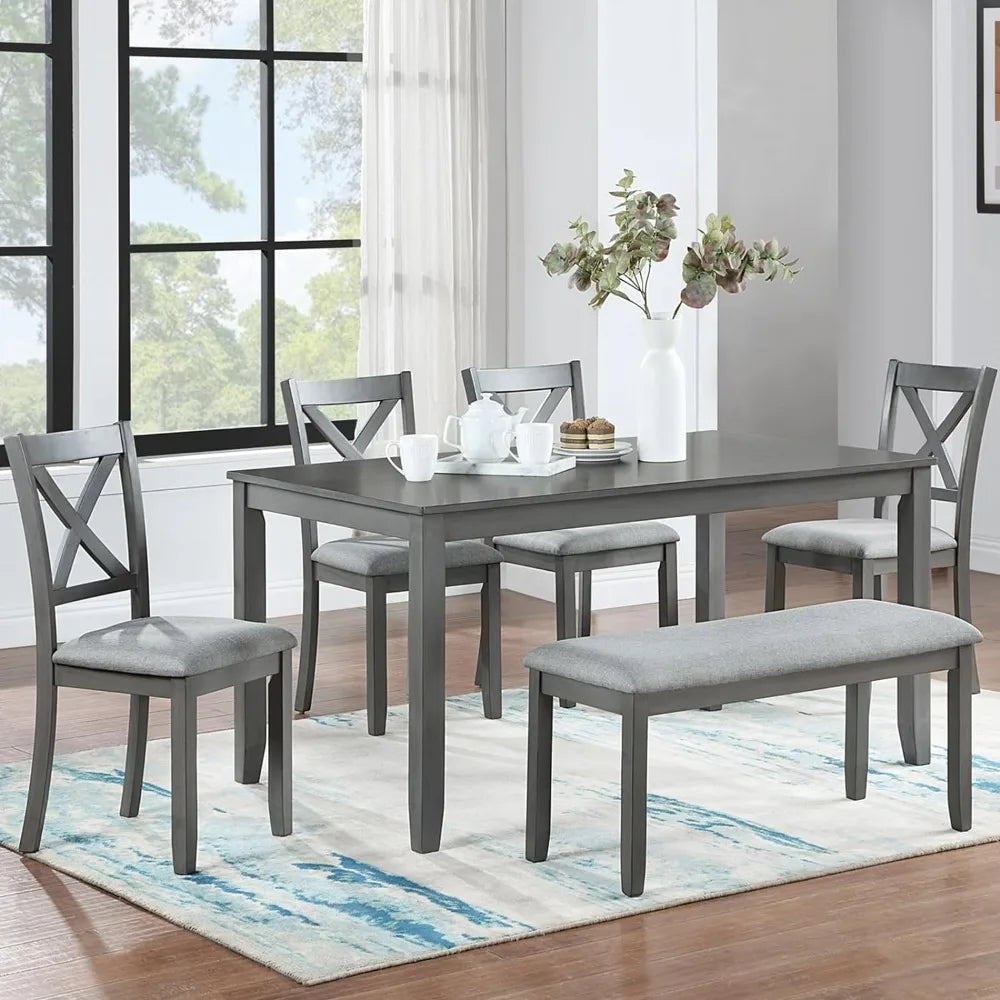 6 Pc. Farmhouse Kitchen Table Set w/4 Upholstered Chairs and 1 Bench, Solid Wood