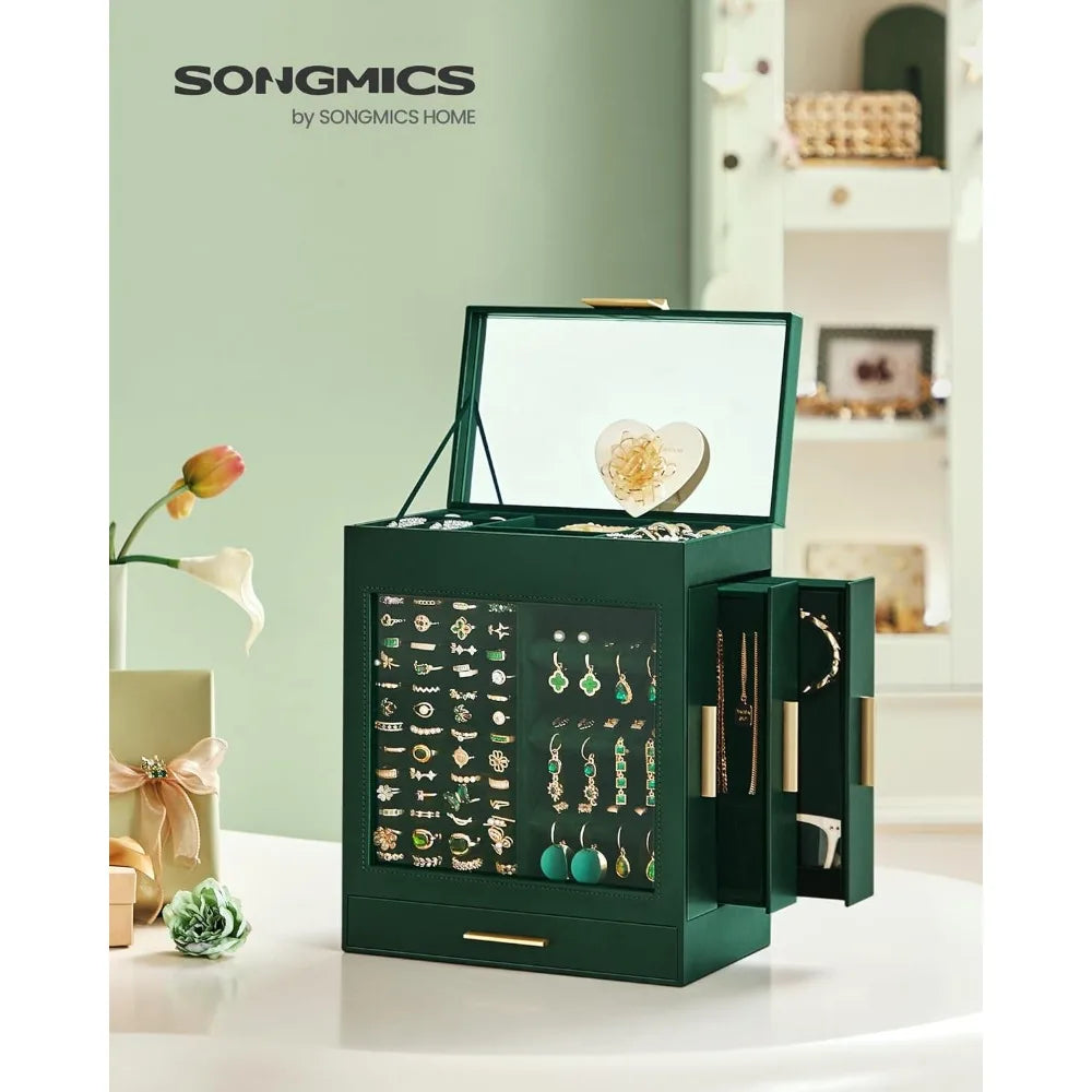 SONGMICS 5-Layer Jewelry Organizer w/3 Side Drawers, w/Glass Window