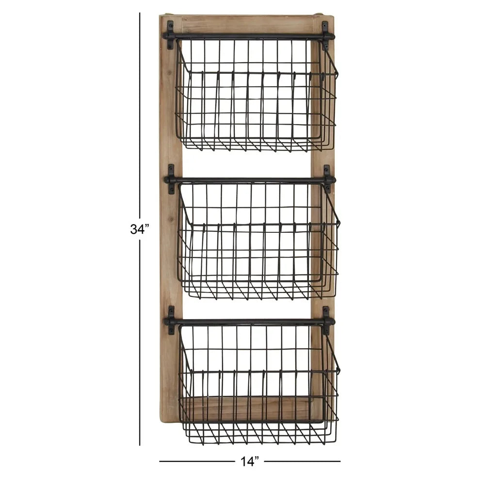 3-Tier Magazine Rack Hanging Storage Organizer Wood Frame with Metal Basket