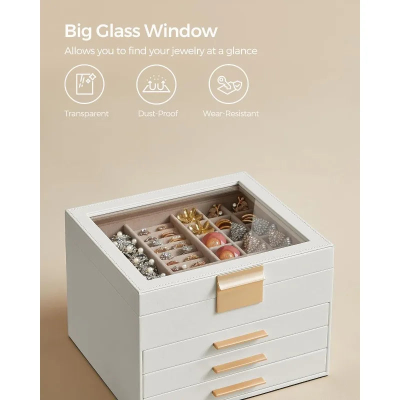 Jewelry Box with Glass Lid, 4-Layer, 3 Drawers,