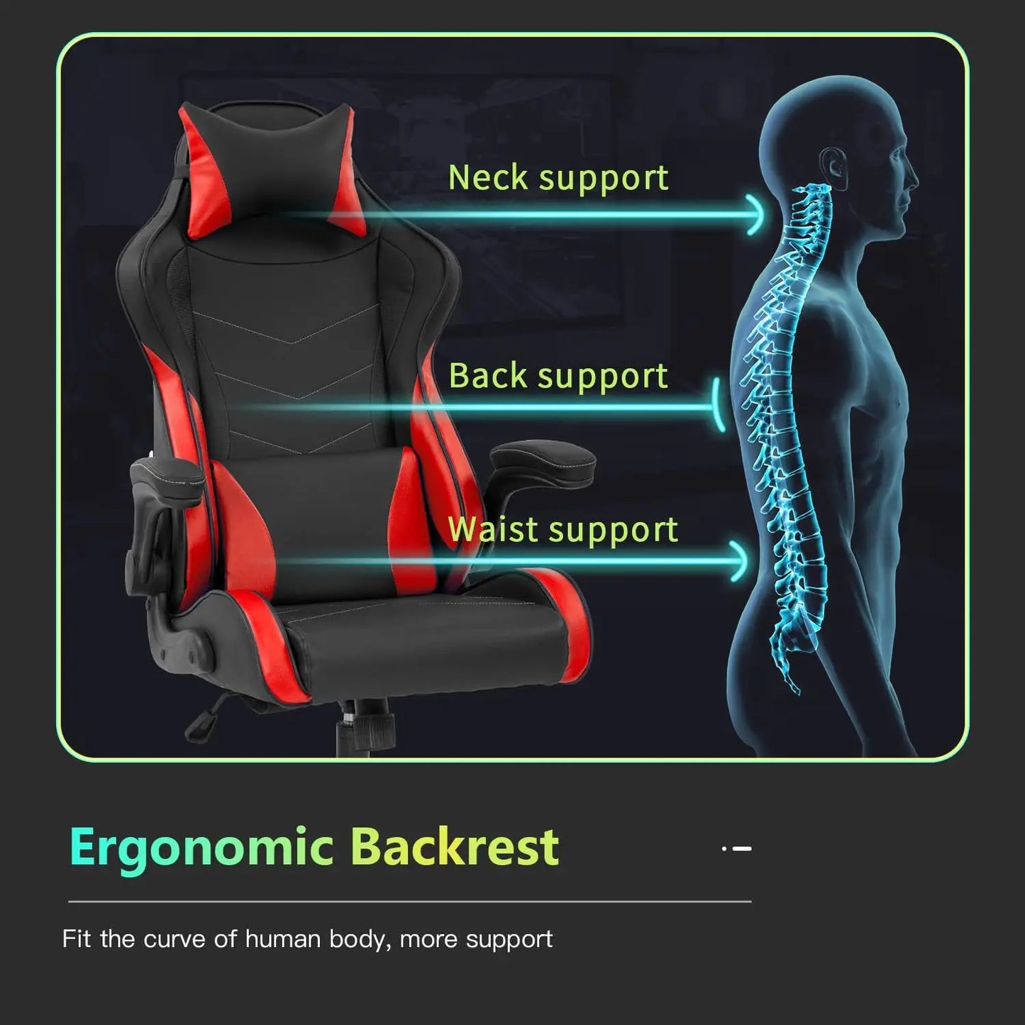 PC Gaming/Office Chair w/Lumbar Support, Headrest, Flip up Armrest, Task Rolling, Swivel Ergonomic Adjustable