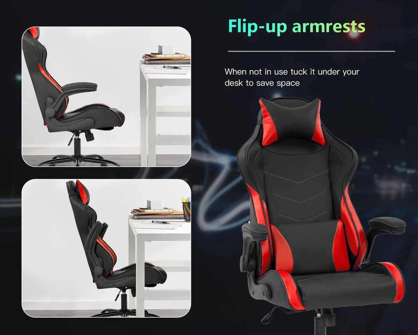 PC Gaming/Office Chair w/Lumbar Support, Headrest, Flip up Armrest, Task Rolling, Swivel Ergonomic Adjustable