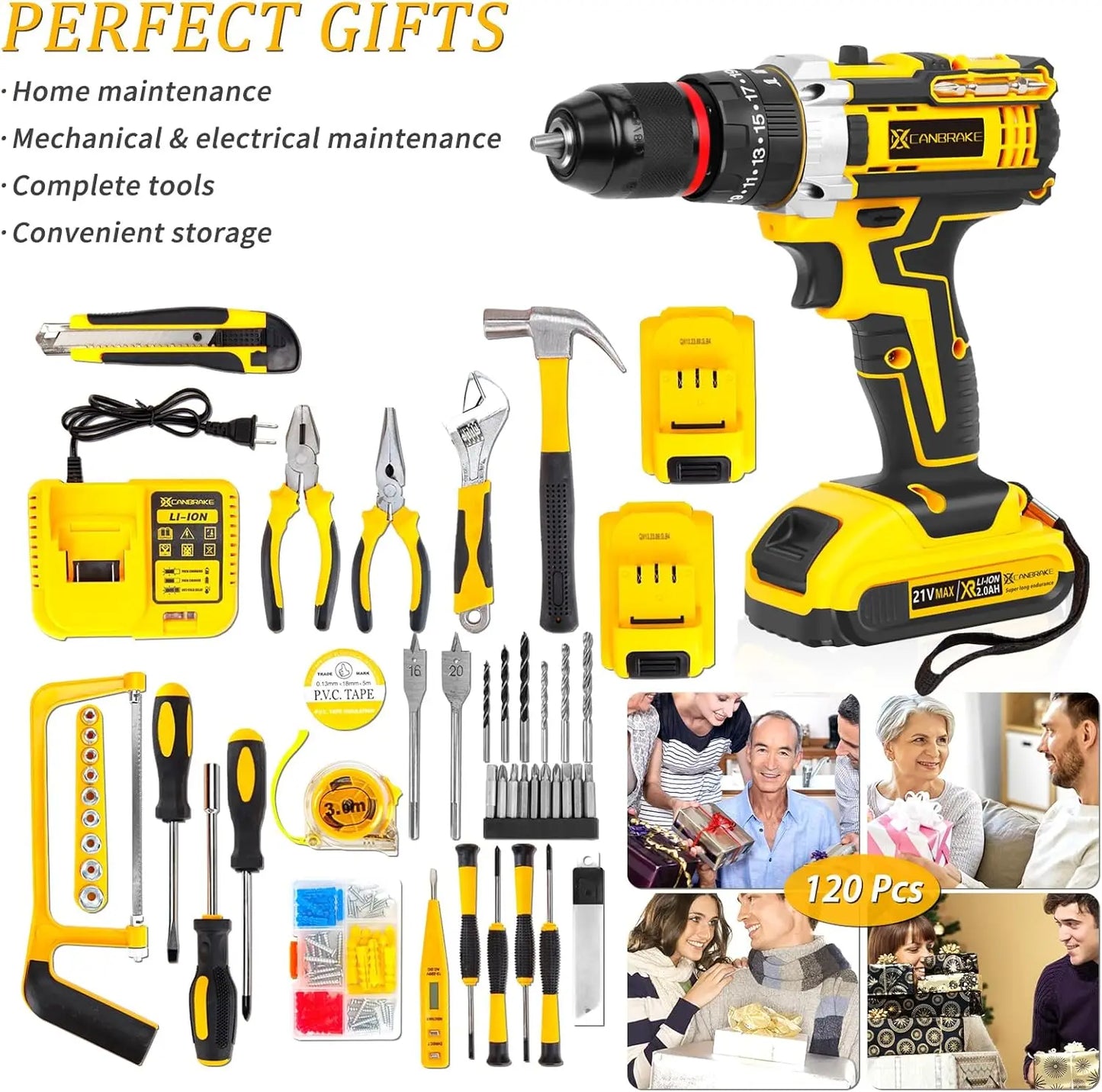 120PCS 21V Cordless Drill Set 3/8" Keyless Chuck of Metal & 25+3 Clutch w/Impact 2 X 2.0Ah Battery & Fast Charger