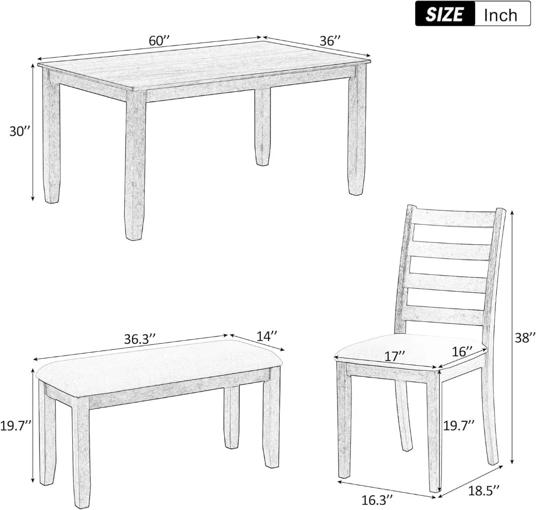 6 Piece 60" Dining Set w/4 Upholstered Chairs & Bench