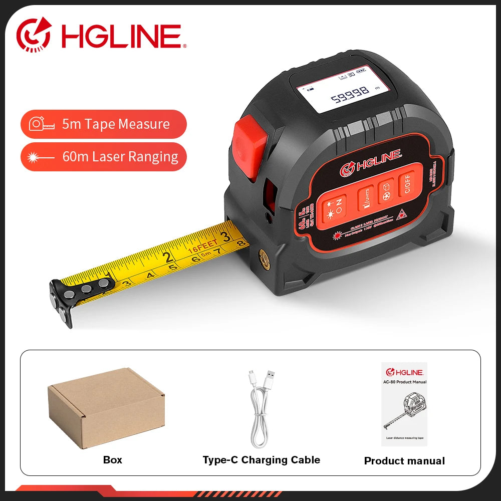 HGLINE 4 In1 60M Laser, 5M Tape Measure with LCD Display, Electronic Ruler Laser Rangefinder