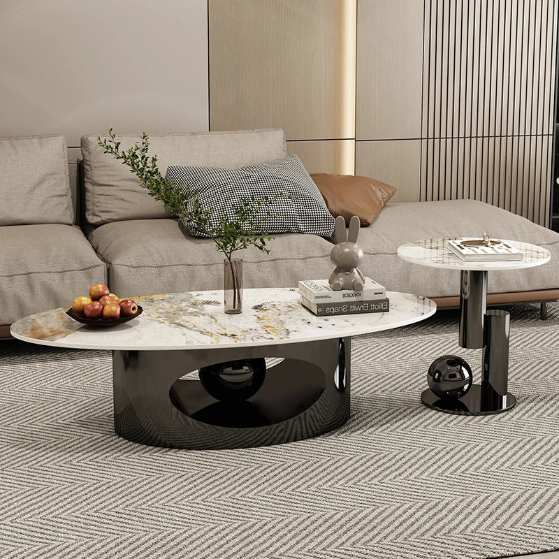 Modern Marble Effect Coffee Tables, Metal Nordic Oval Side Table