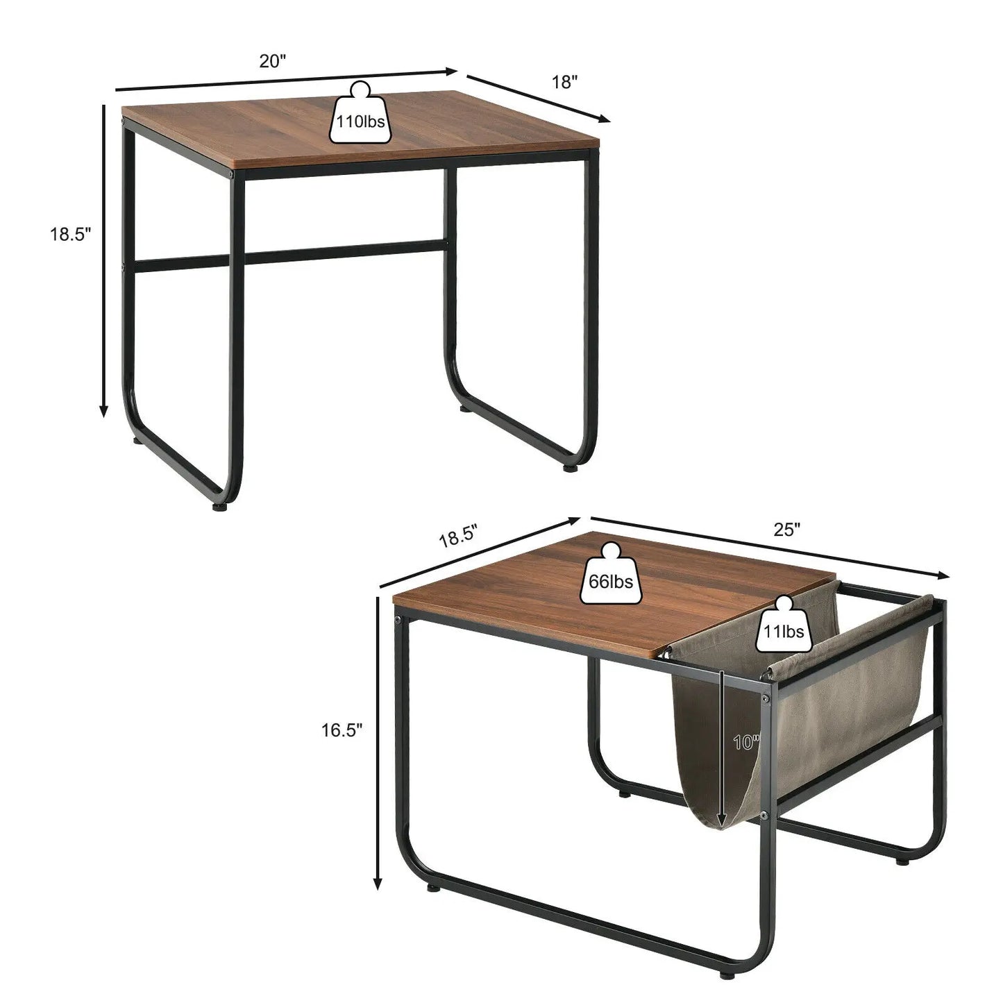 Nesting Coffee Table Set of 2 Stackable Side Table w/ Magazine Holder