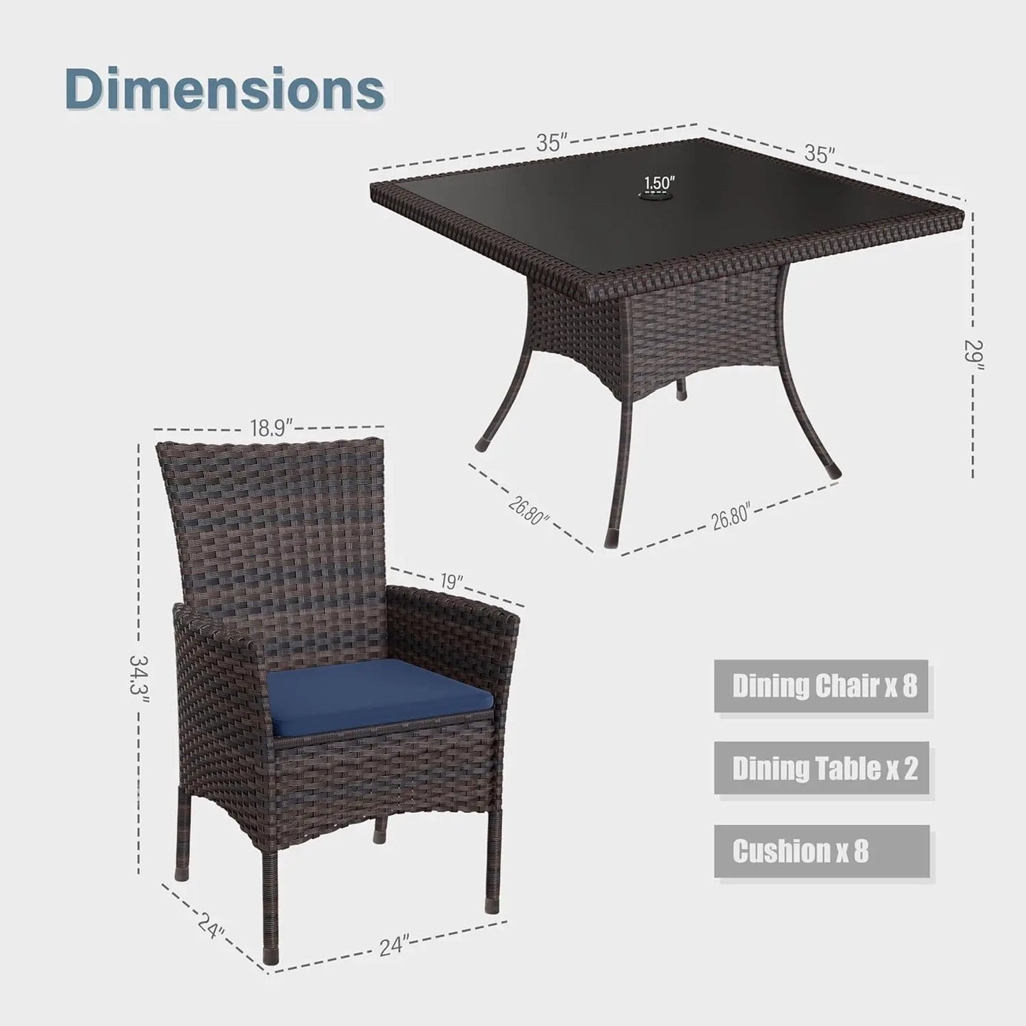 Indoor/Outdoor Dining Table Set Rattan w/Tempered Glass Tabletop, Removable Cushions & Umbrella Cutout