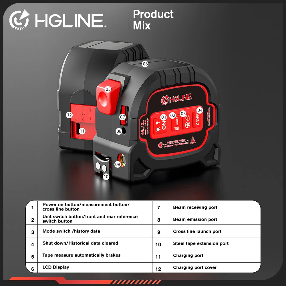 HGLINE 4 In1 60M Laser, 5M Tape Measure with LCD Display, Electronic Ruler Laser Rangefinder