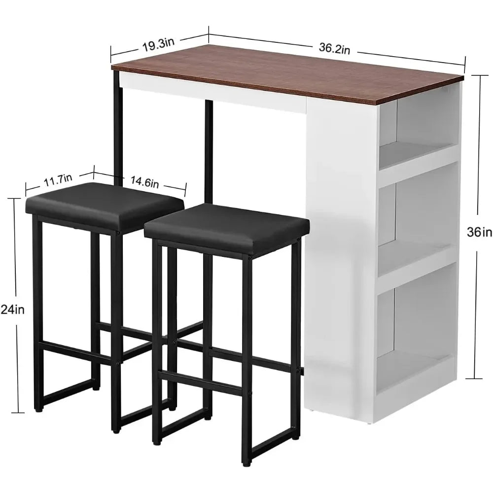 3 Piece Dining Table Set w/Two Stools & Storage Shelves Wood Counter Height