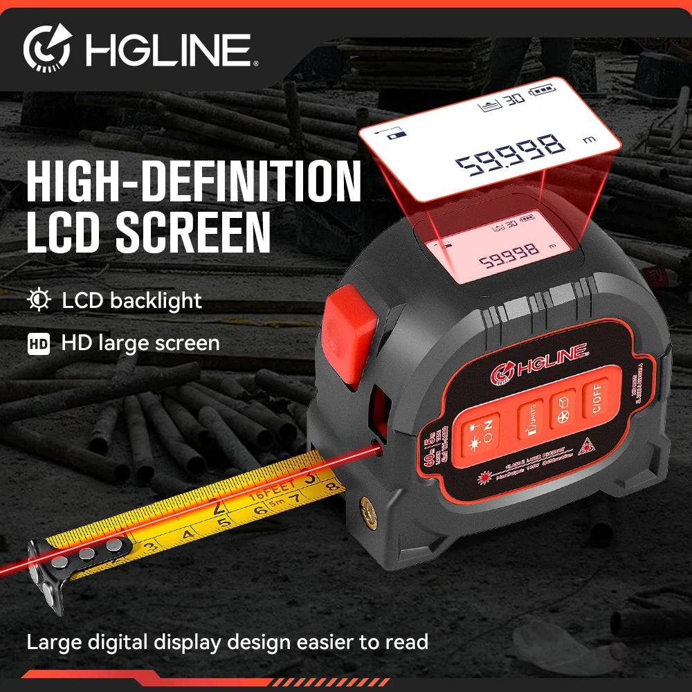 HGLINE 4 In1 60M Laser, 5M Tape Measure with LCD Display, Electronic Ruler Laser Rangefinder