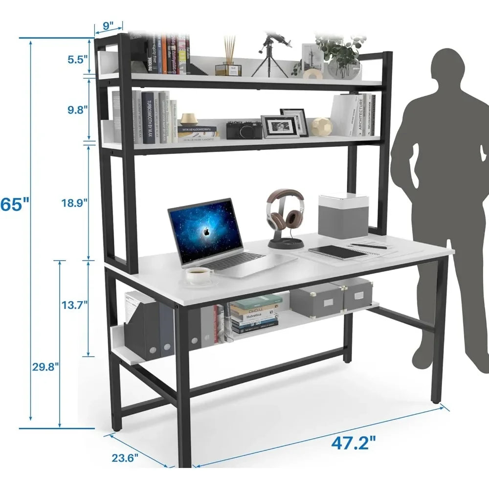 47"W White Home Office Desk W/3 Tier Storage Shelves