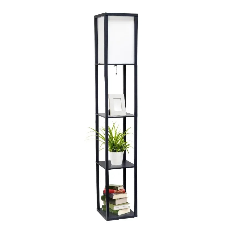 Simple Designs Floor Lamp Storage Shelf with Linen Shade, black