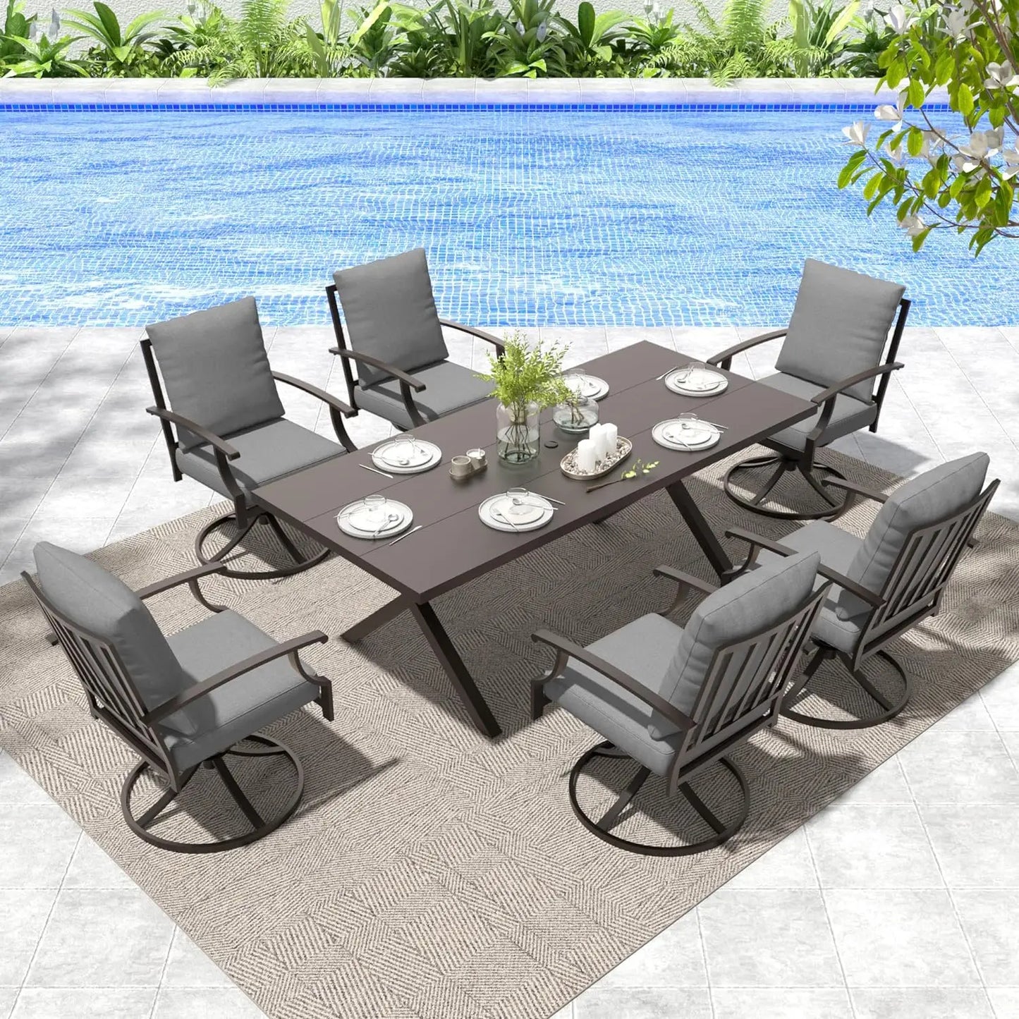 Indoor/Outdoor Dining Table Set Rattan w/Tempered Glass Tabletop, Removable Cushions & Umbrella Cutout