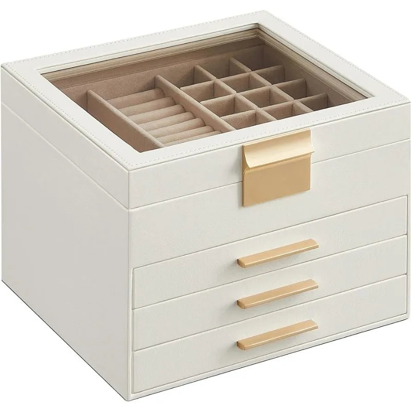 Jewelry Box with Glass Lid, 4-Layer, 3 Drawers,